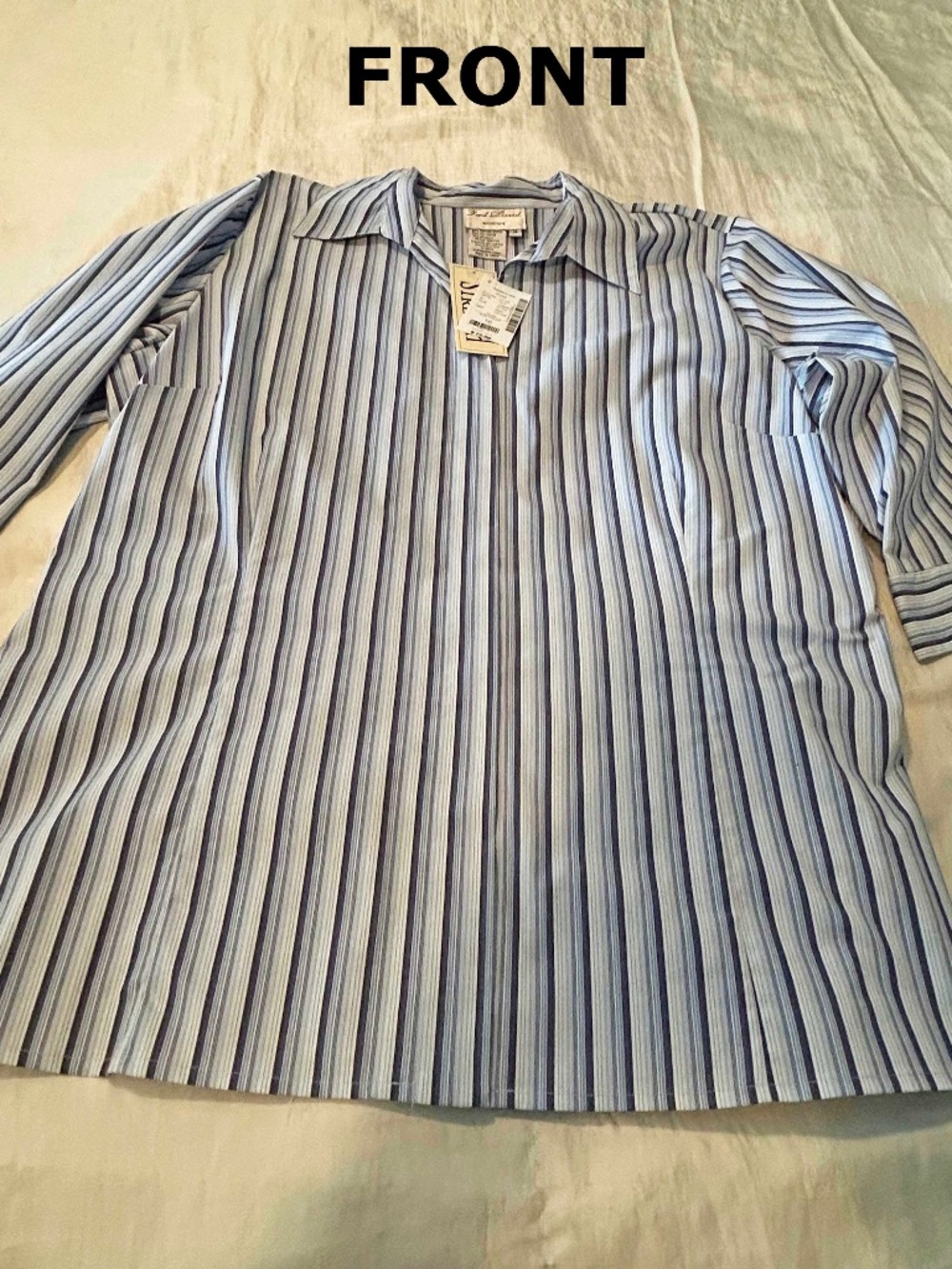 BLOUSE, STRETCHY, BLUE & WHITE VERTICAL STRIPE, SIZE 16W, 3/4 SLEEVES, FITTED FR
